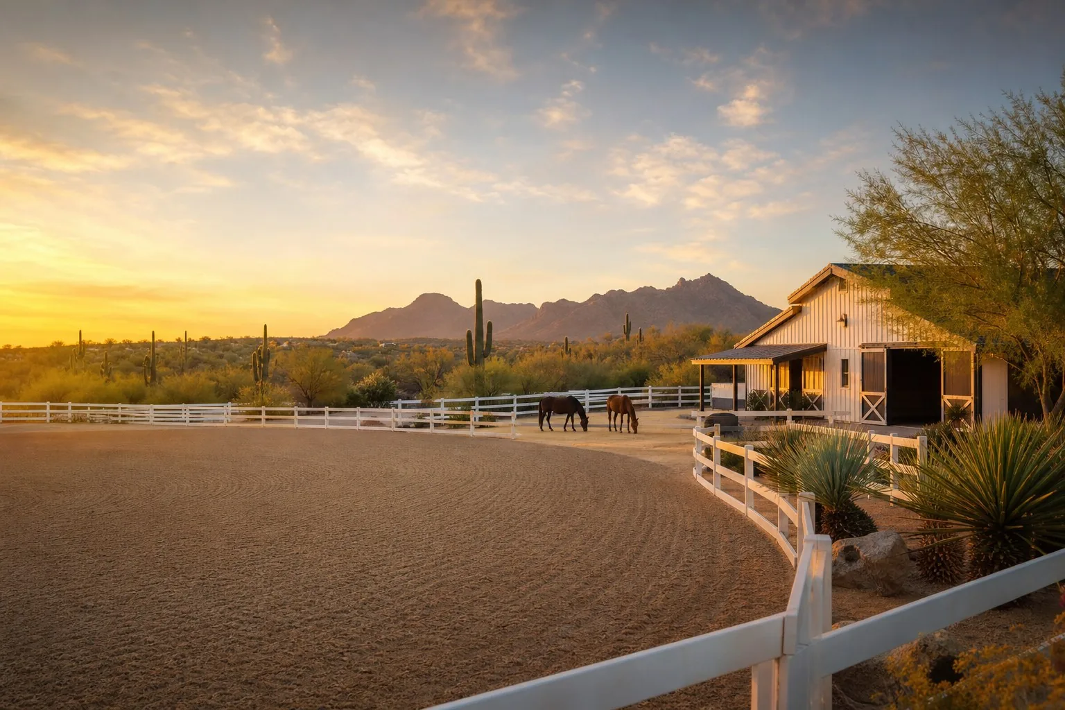 Arizona equestrian horse property with arena and barn at golden hour