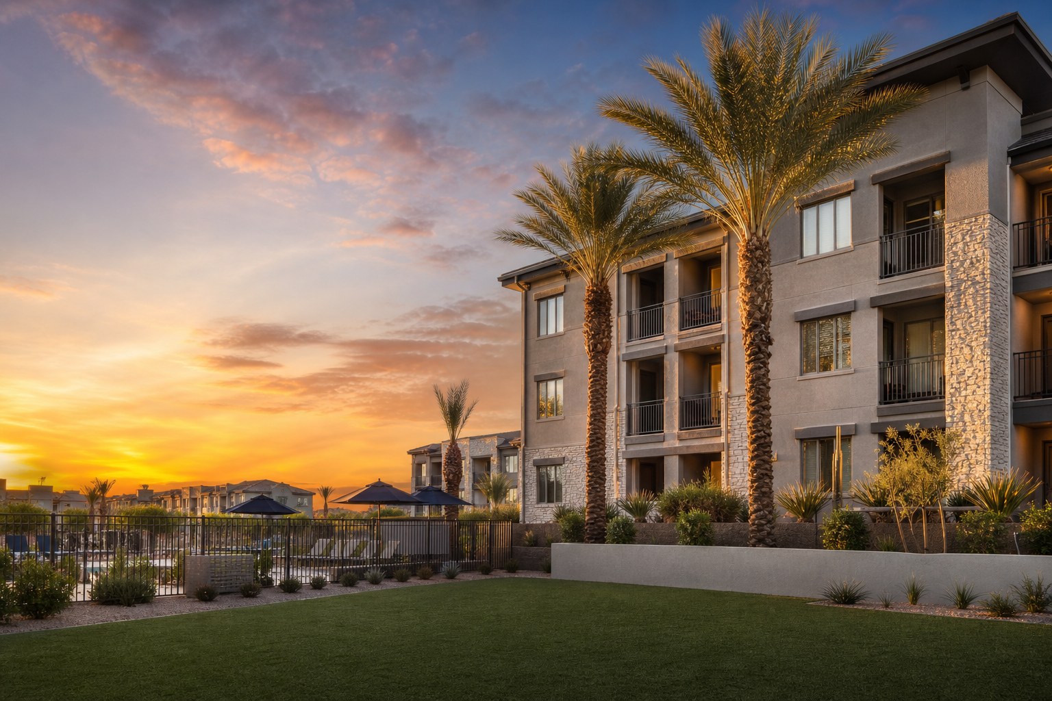 Phoenix metro modern multifamily apartment community at golden hour