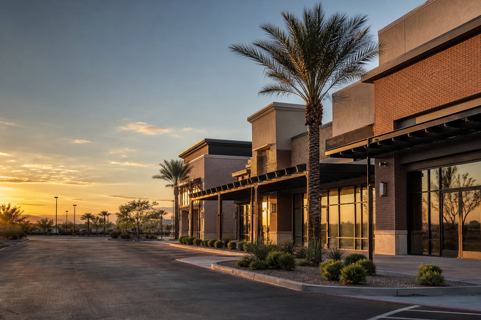 Phoenix metro retail shopping center storefront at golden hour